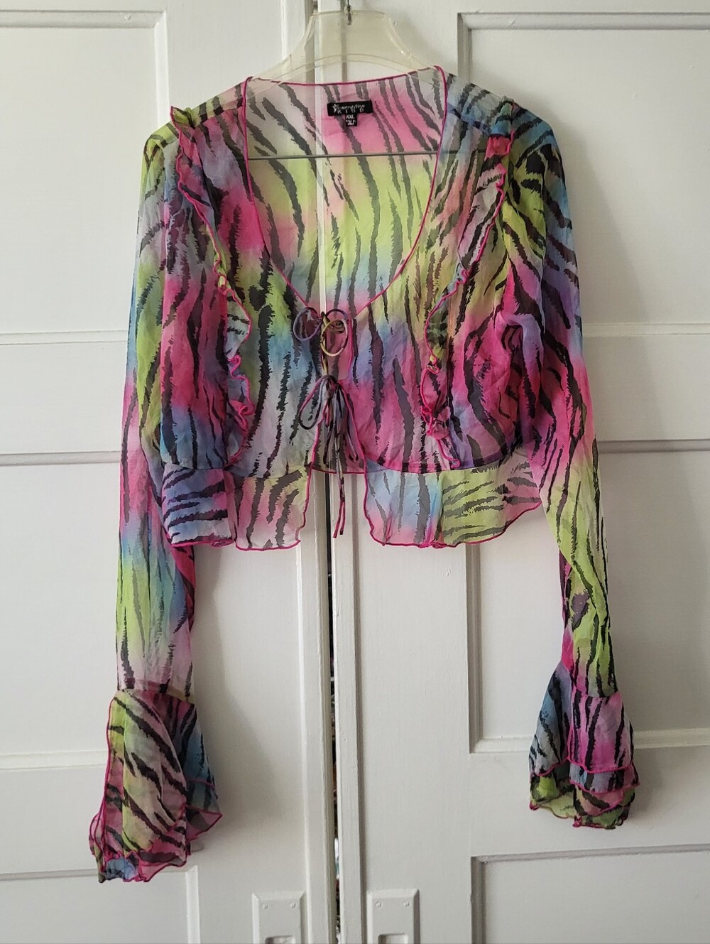 GENERATION KISS Dollskill Ruffled Rainbow Zebra Print Chiffon Flyaway Blouse 2X